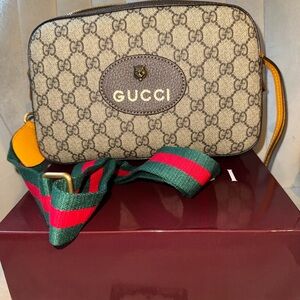 Beautiful Beige and Brown Crossbody Bag with Green and Red Strap